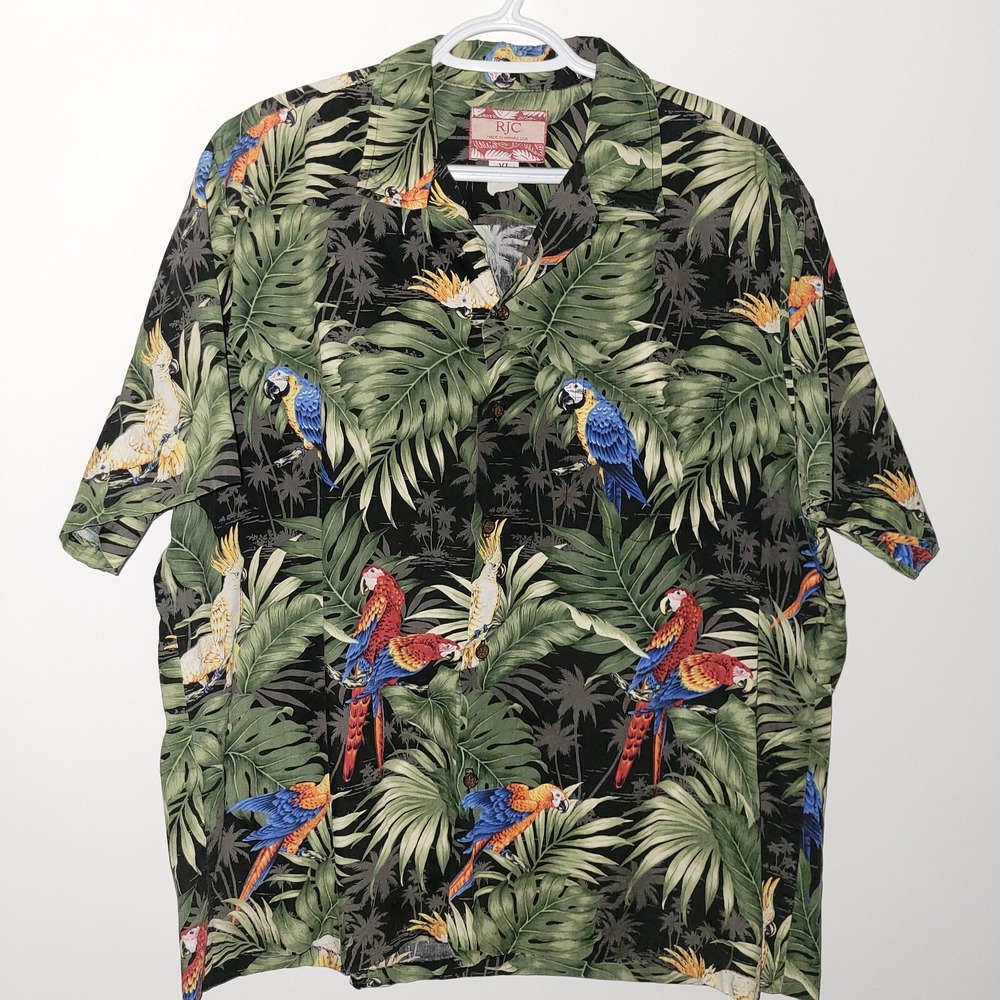Vintage RJC Hawaiian Button Up Shirt Men Size XL Parrots AOP Pocket Palm Trees